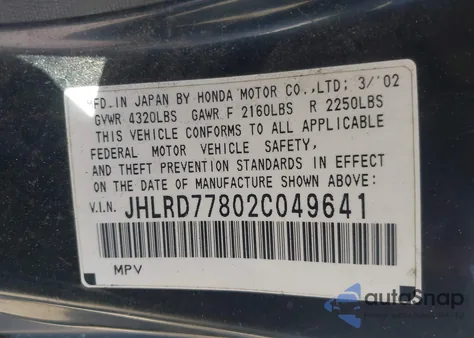 2002 Honda Cr-V Ex z USA, uszkodzony, nr VIN JHLRD77802C049641